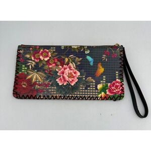OLE Flowered Colorful Clutch Organizer Wallet Brown Pink Bright Wristlet